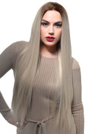 Womens Extra Long Ash Blonde Rooted Straight Synthetic Fashion Wig with Lace Front - Front Image