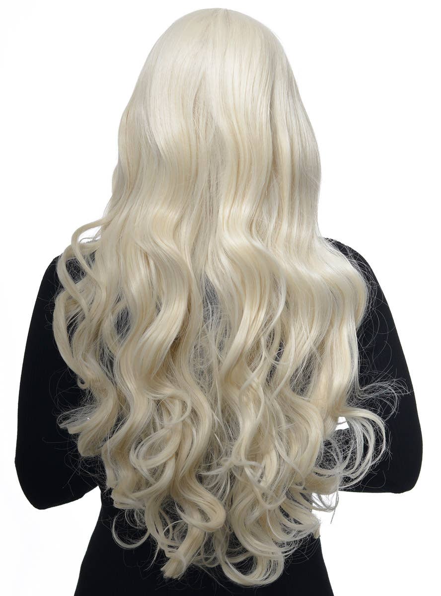 Womens Long Platinum Blonde Side Part T-Part Lace Front Fashion Wig with Loose Curls - Back Image