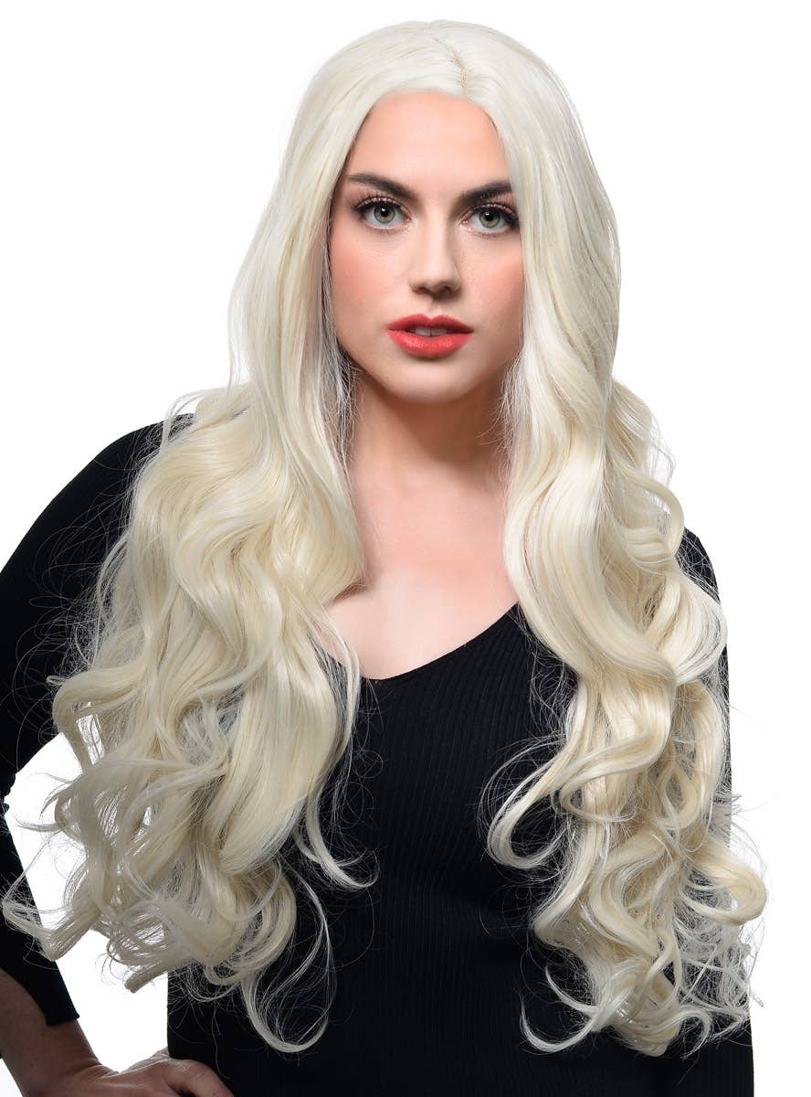 Womens Long Platinum Blonde Side Part T-Part Lace Front Fashion Wig with Loose Curls - Front Image