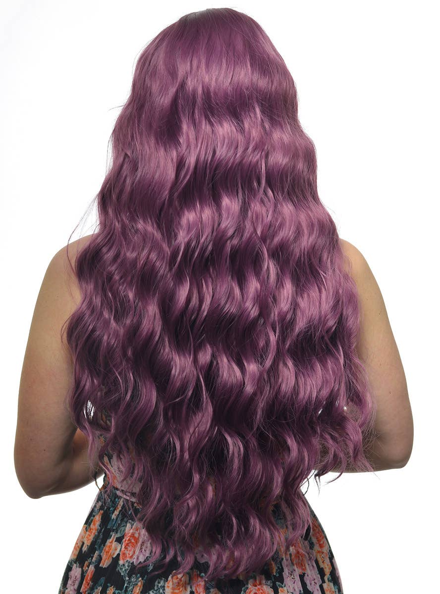 Womens Long Plum Purple Wavy Synthetic Fashion Wig with T-Part Lace Front - Back Image