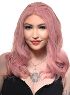 Womens Shoulder Length Dusty Pink Wavy Synthetic Fashion Wig with T-Part Lace Front - Front Image