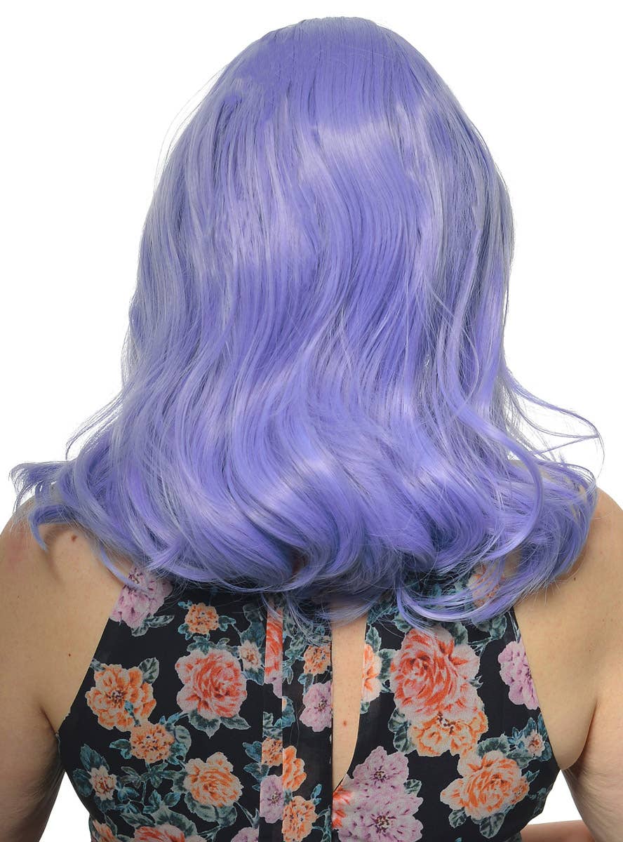 Womens Shoulder Length Deep Periwinkle Purple Wavy Synthetic Fashion Wig with T-Part Lace Back - Back Image