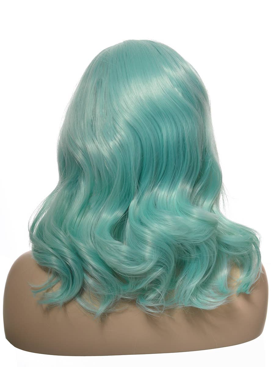 Womens Shoulder Length Mint Green Wavy Synthetic Fashion Wig with T-Part Lace Front - Back Dummy Image