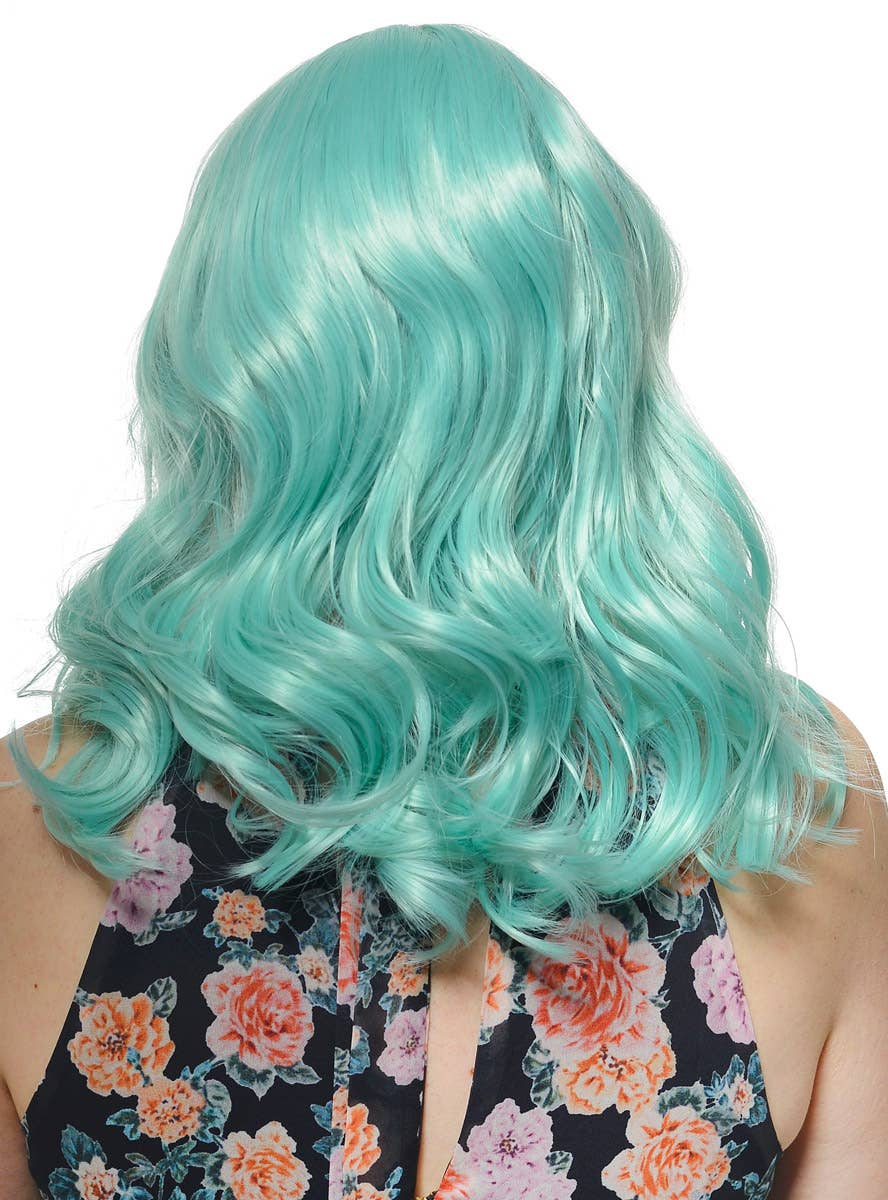 Womens Shoulder Length Mint Green Wavy Synthetic Fashion Wig with T-Part Lace Front - Back Image