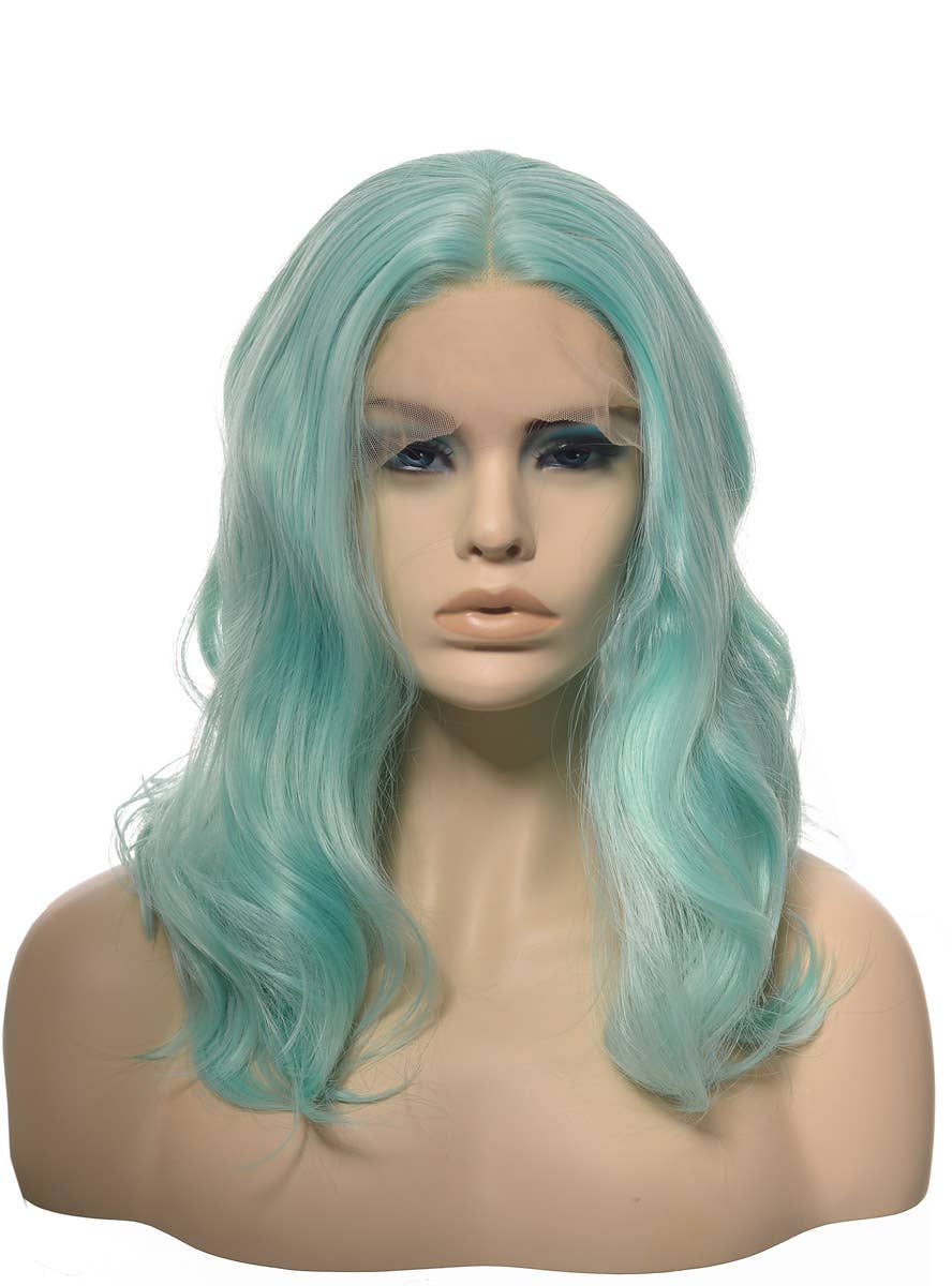 Womens Shoulder Length Mint Green Wavy Synthetic Fashion Wig with T-Part Lace Front - Front Dummy Image
