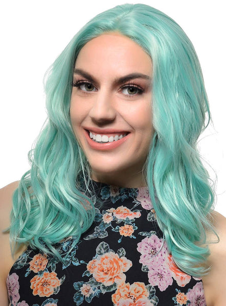 Womens Shoulder Length Mint Green Wavy Synthetic Fashion Wig with T-Part Lace Front - Front Image