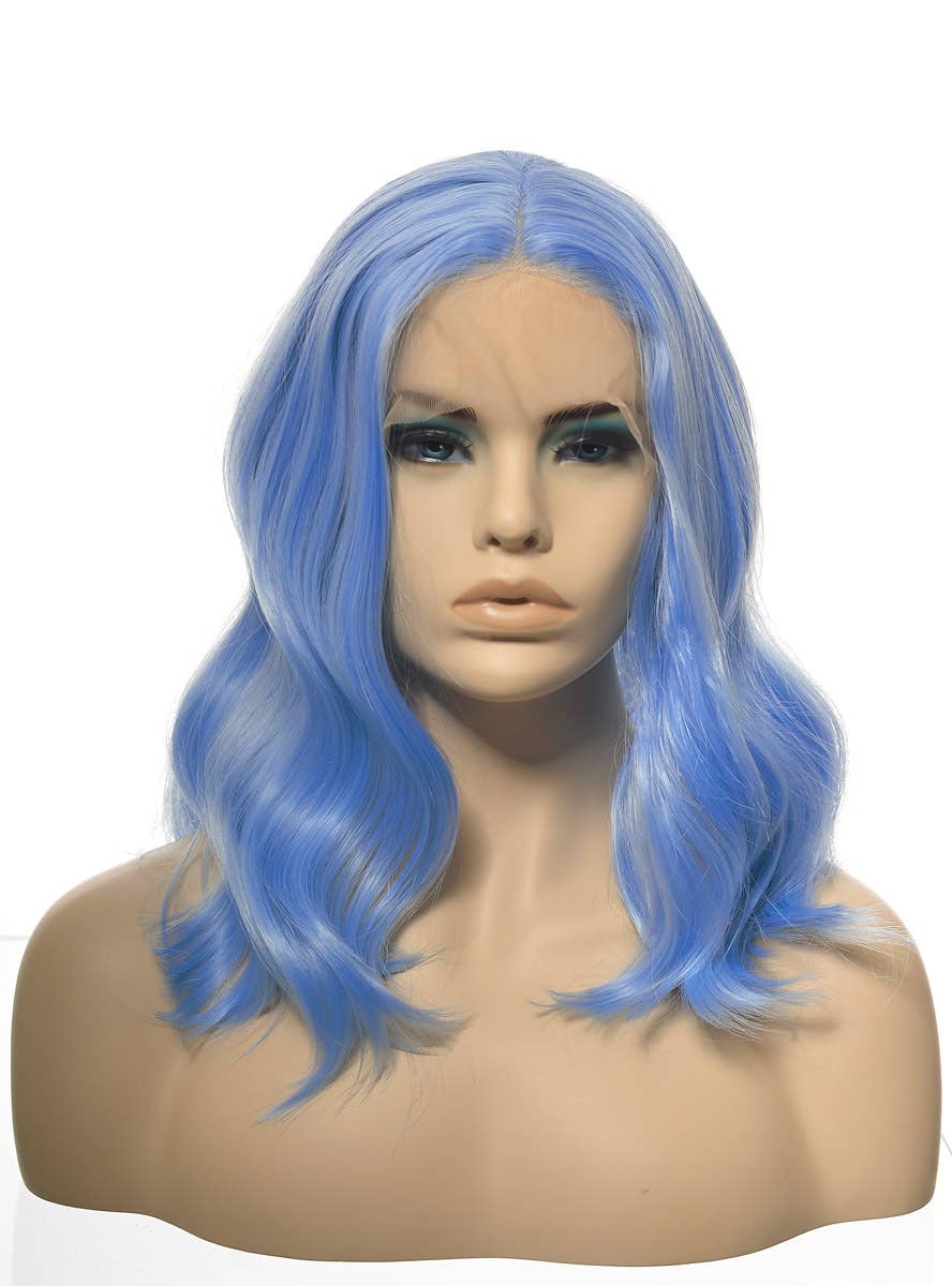 Womens Shoulder Length Dusty Blue Wavy Synthetic Fashion Wig with T-Part Lace Front - Front Dummy Image