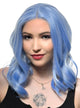 Womens Shoulder Length Dusty Blue Wavy Synthetic Fashion Wig with T-Part Lace Front - Front Image