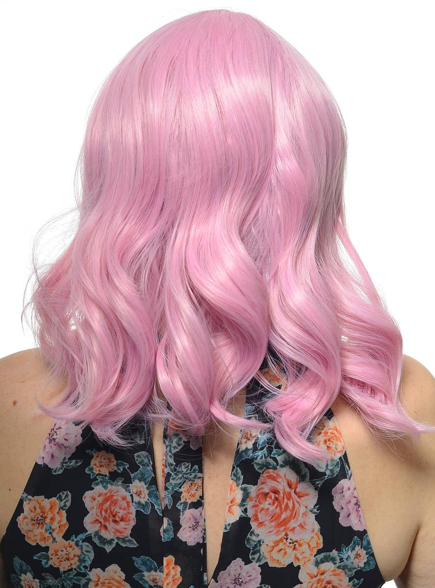 Womens Shoulder Length Lolly Pink Wavy Synthetic Fashion Wig with T-Part Lace Front - Back Image