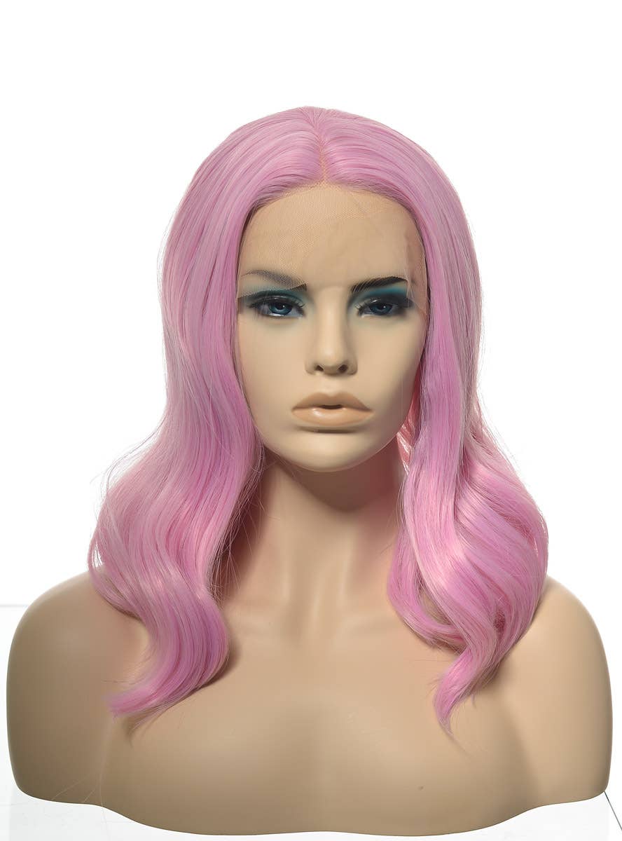 Womens Shoulder Length Lolly Pink Wavy Synthetic Fashion Wig with T-Part Lace Front - Front Dummy Image