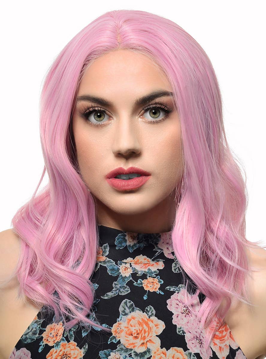 Womens Shoulder Length Lolly Pink Wavy Synthetic Fashion Wig with T-Part Lace Front - Front Image