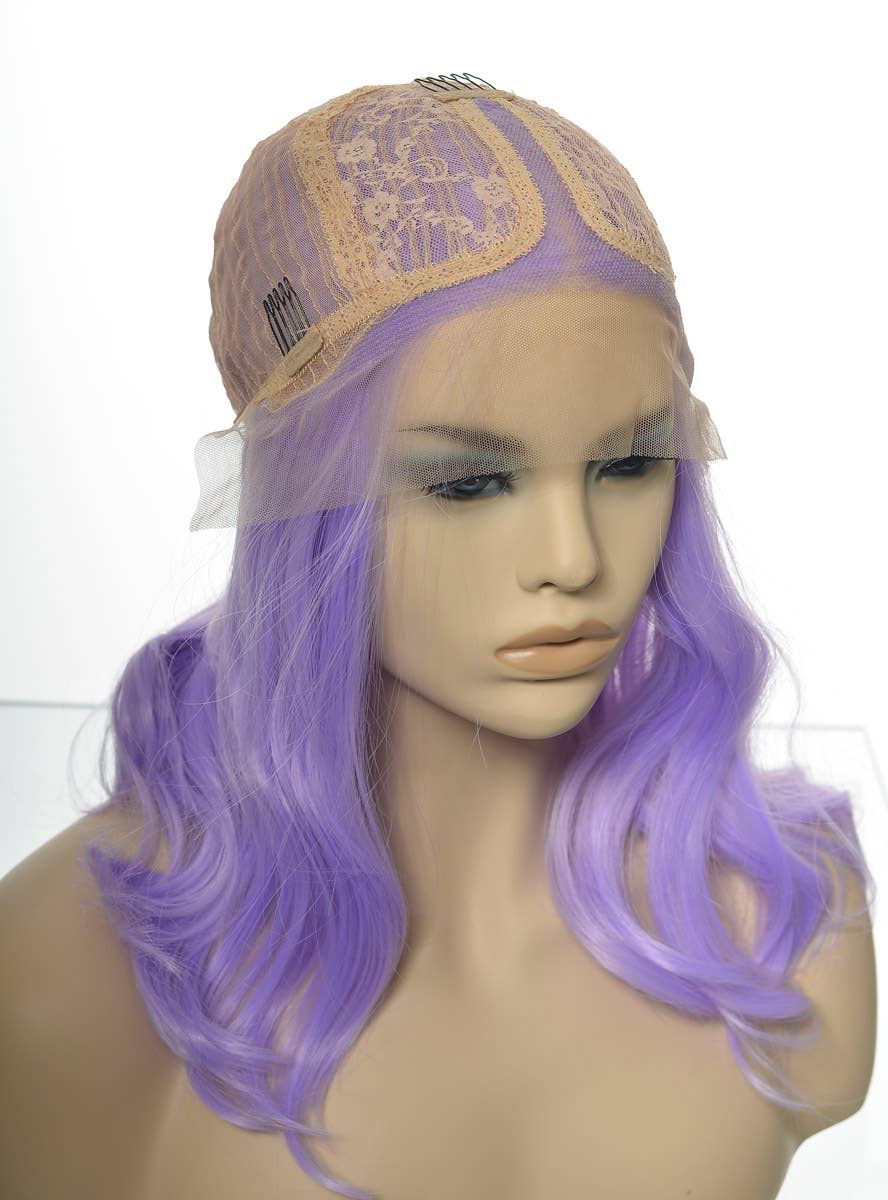 Womens Shoulder Length Lolly Pink Wavy Synthetic Fashion Wig with T-Part Lace Front - Inside Cap Image