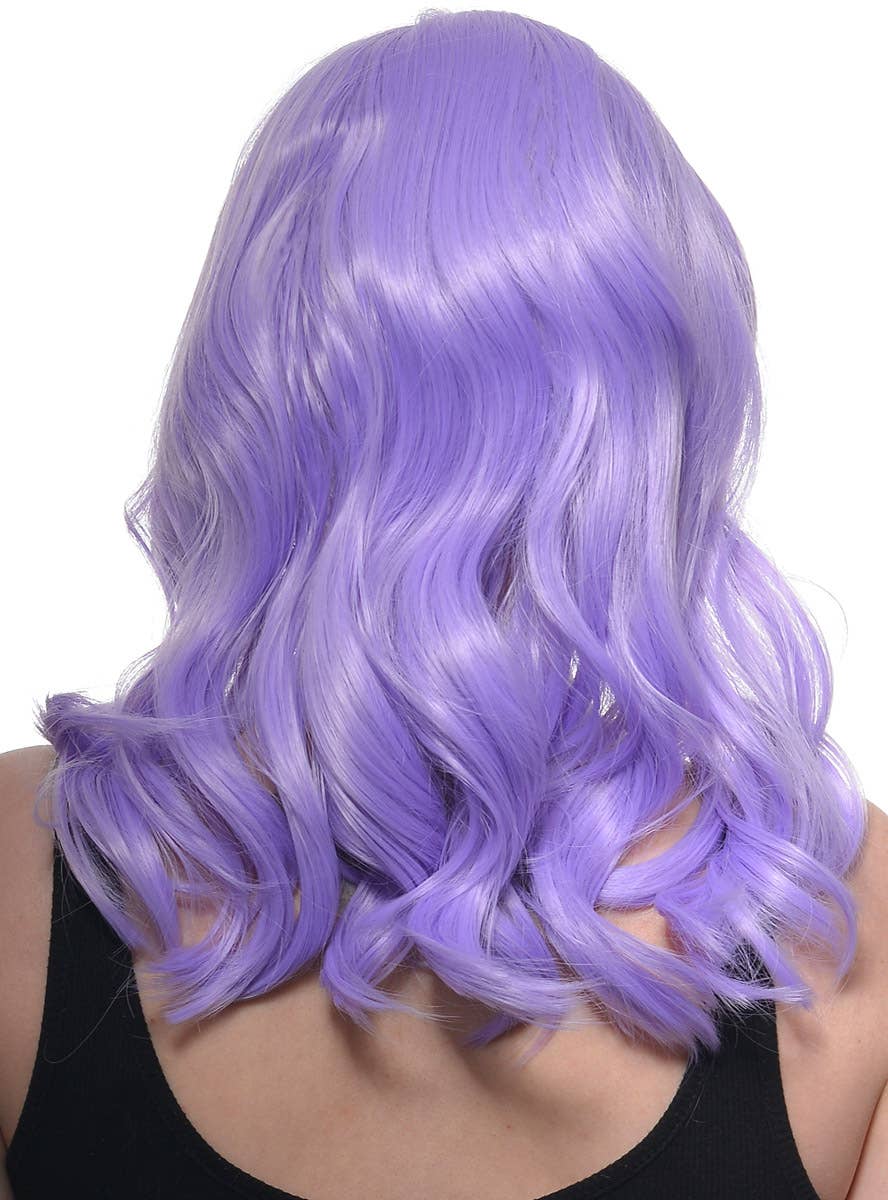 Womens Shoulder Length Lavender Purple Wavy Synthetic Fashion Wig with T-Part Lace Front - Back Image