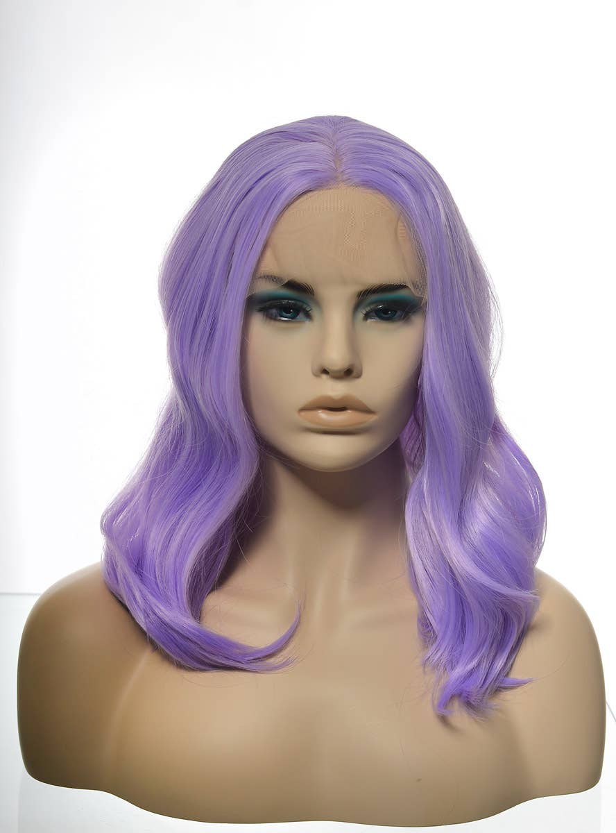 Womens Shoulder Length Lavender Purple Wavy Synthetic Fashion Wig with T-Part Lace Front - Front Dummy Image
