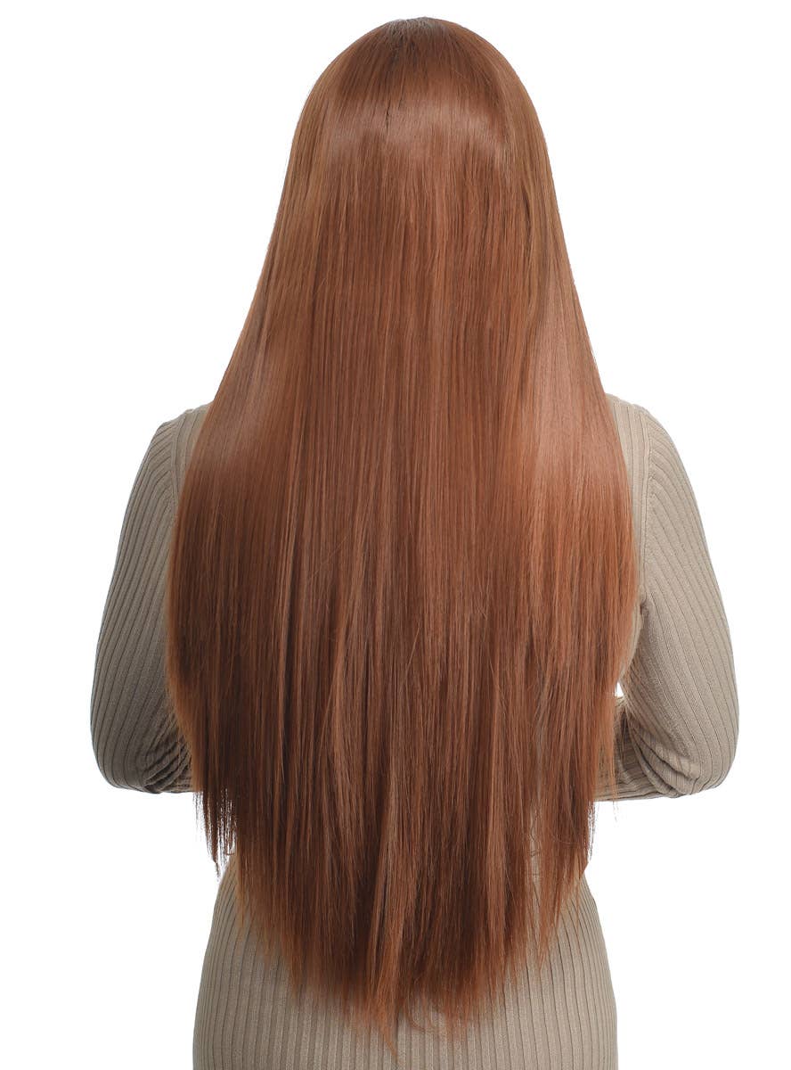 Womens Extra Long Auburn Brown Straight Synthetic Fashion Wig with Lace Front - Back Image