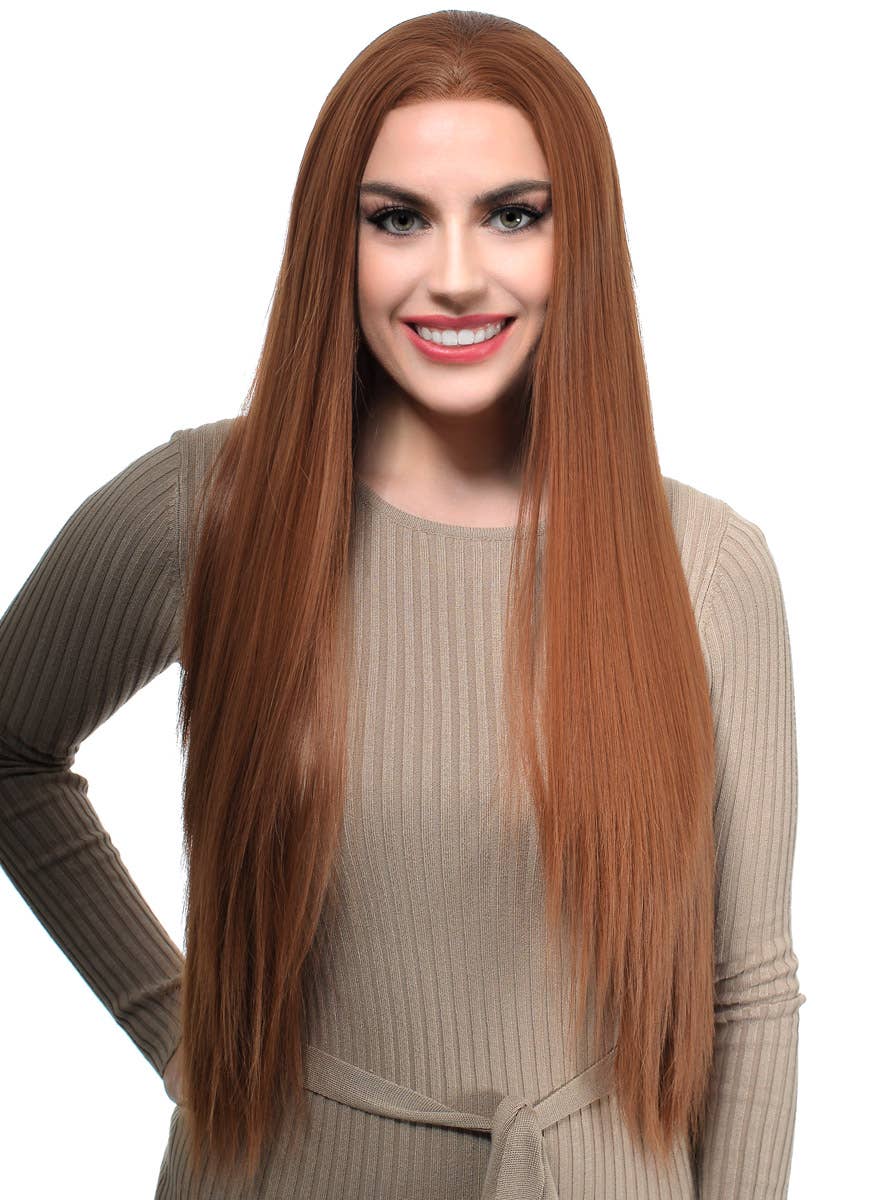 Womens Extra Long Auburn Brown Straight Synthetic Fashion Wig with Lace Front - Front Image