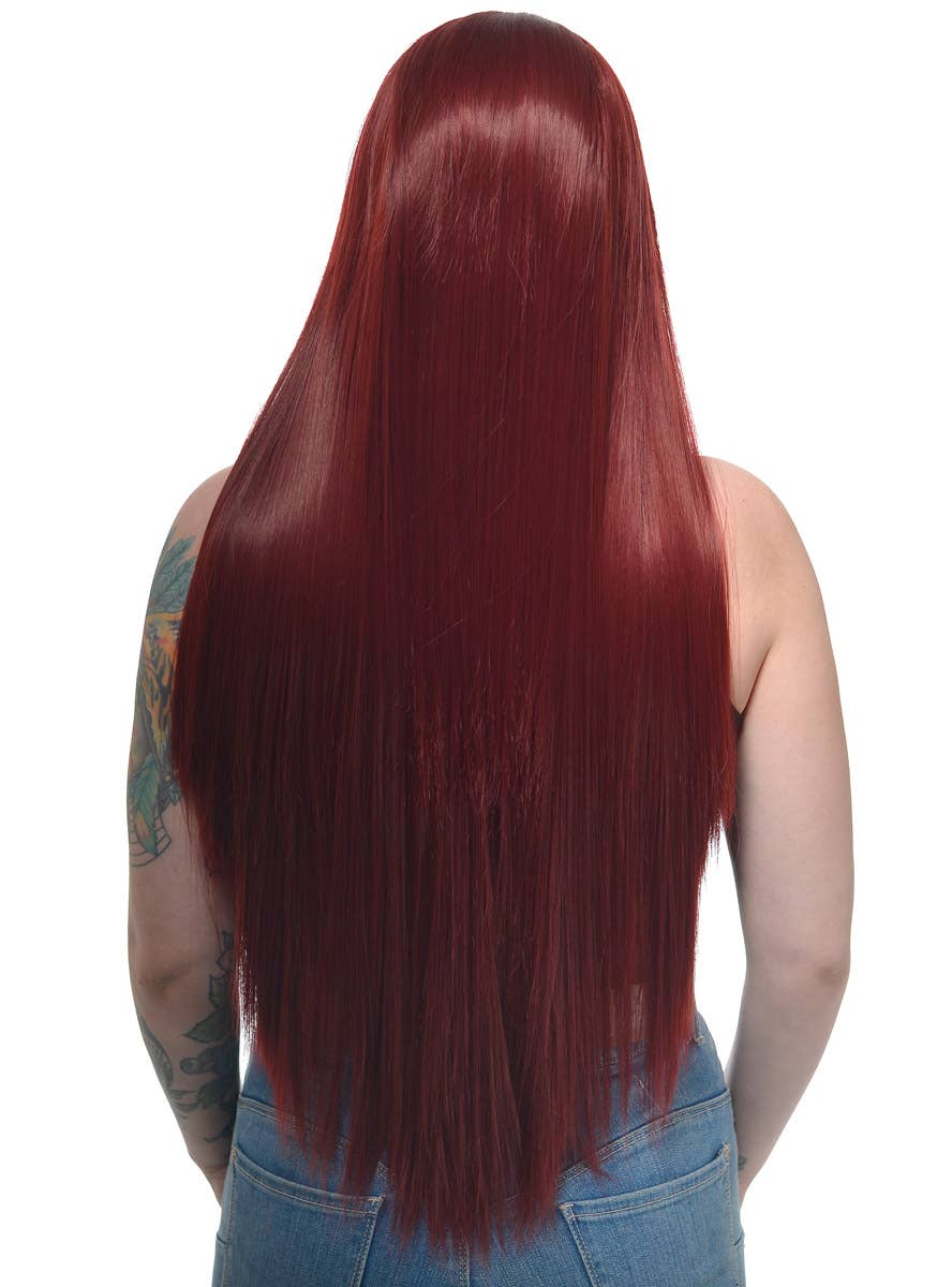 Womens Extra Long Deep Burgundy Red Straight Synthetic Fashion Wig with Lace Front - Back Image