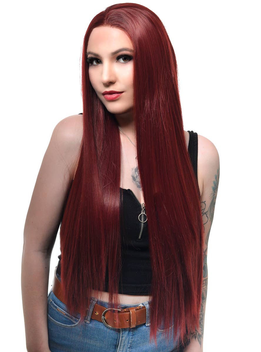 Womens Extra Long Deep Burgundy Red Straight Synthetic Fashion Wig with Lace Front - Front Image