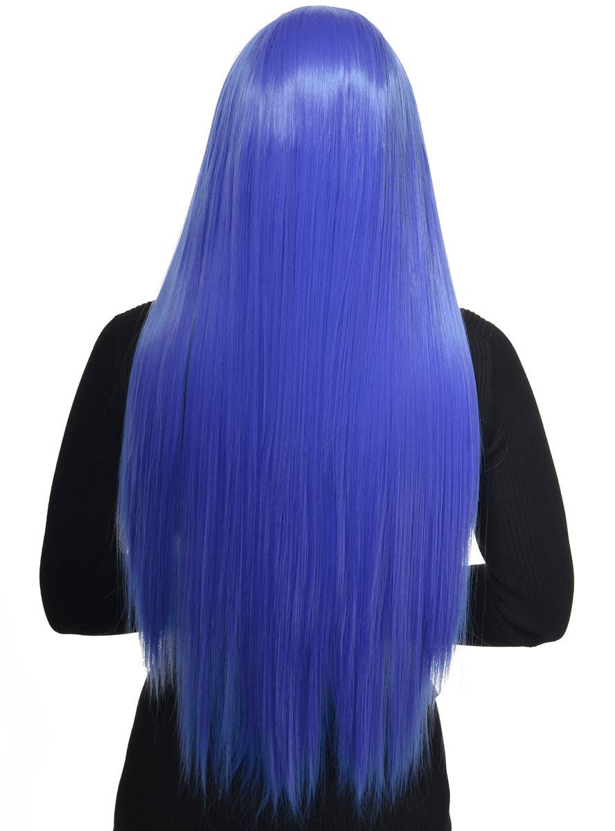 Extra Long Womens Cobalt Blue Straight Synthetic Fashion Wig with Lace Front - Back Image