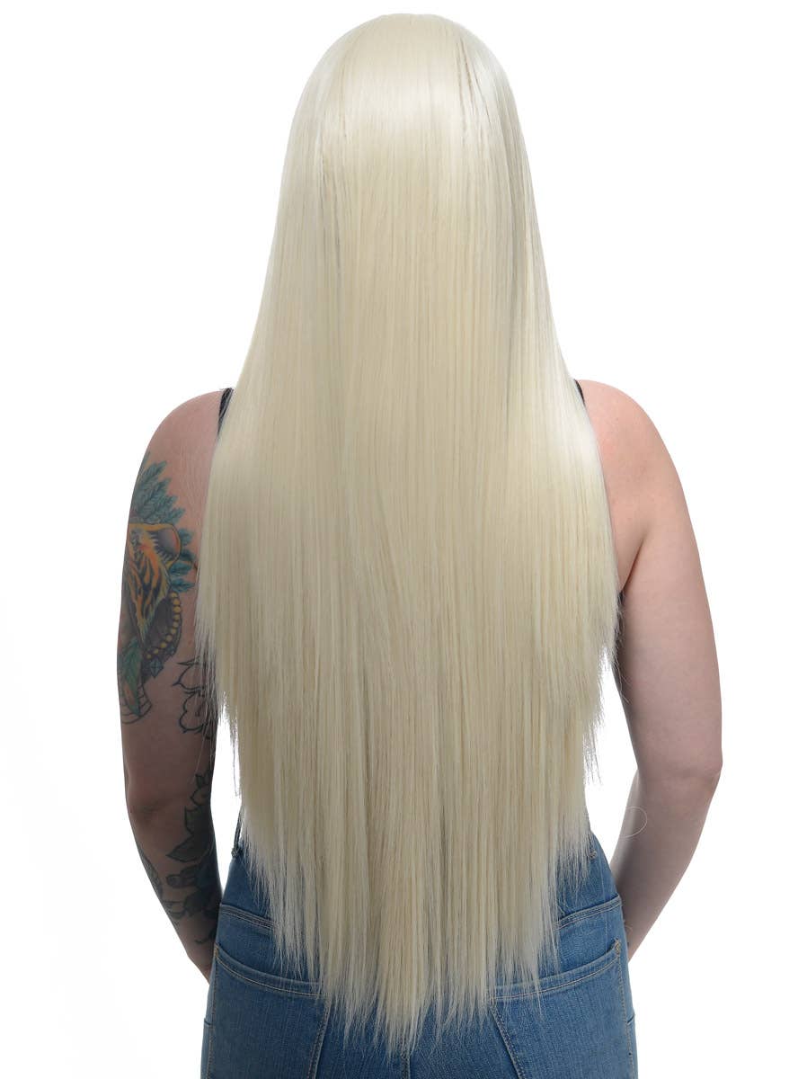 Extra Long Womens Platinum Blonde Synthetic Fashion Wig with Lace Front - Back Image