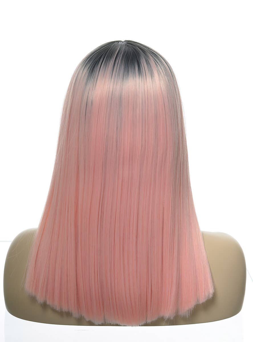 Womens Soft Pastel Pink Straight Mid Length Blunt Cut Synthetic Fashion wig with Dark Roots and Lace Front - Dummy Back Image