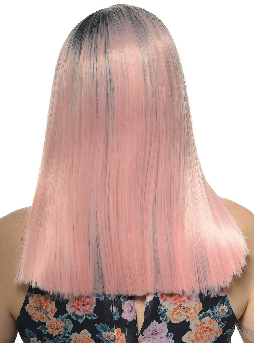 Womens Soft Pastel Pink Straight Mid Length Blunt Cut Synthetic Fashion wig with Dark Roots and Lace Front - Back Image