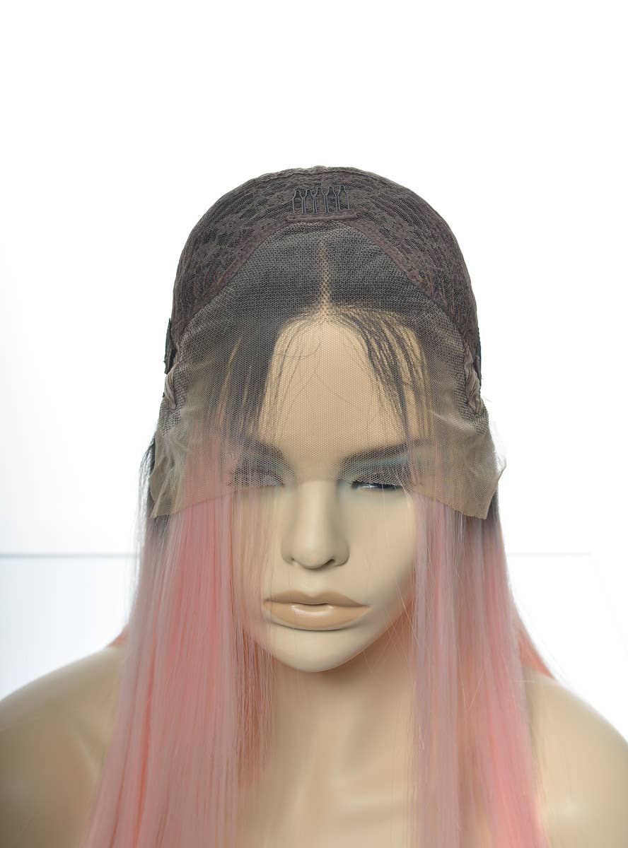 Womens Soft Pastel Pink Straight Mid Length Blunt Cut Synthetic Fashion wig with Dark Roots and Lace Front - Inside Cap Image