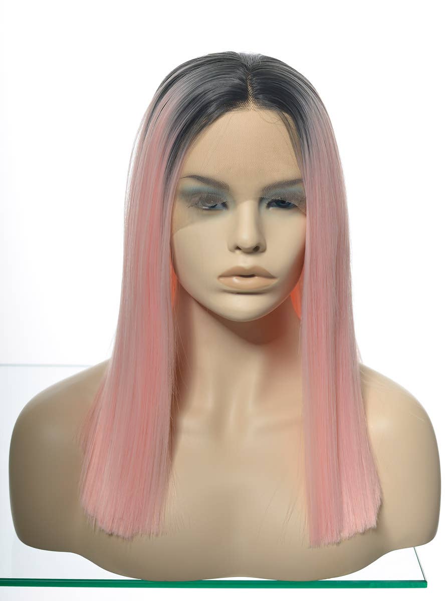 Womens Soft Pastel Pink Straight Mid Length Blunt Cut Synthetic Fashion wig with Dark Roots and Lace Front - Dummy Front Image