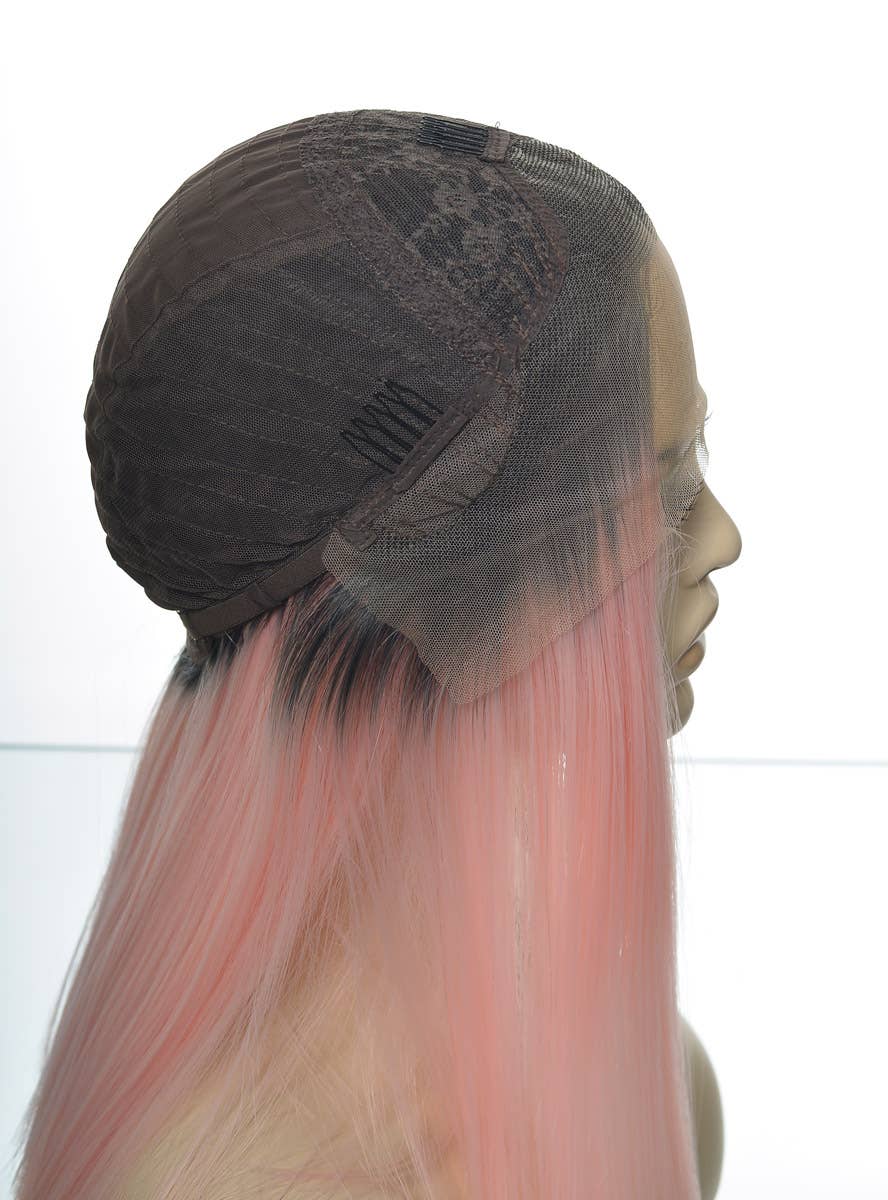 Womens Soft Pastel Pink Straight Mid Length Blunt Cut Synthetic Fashion wig with Dark Roots and Lace Front - Side Cap Image