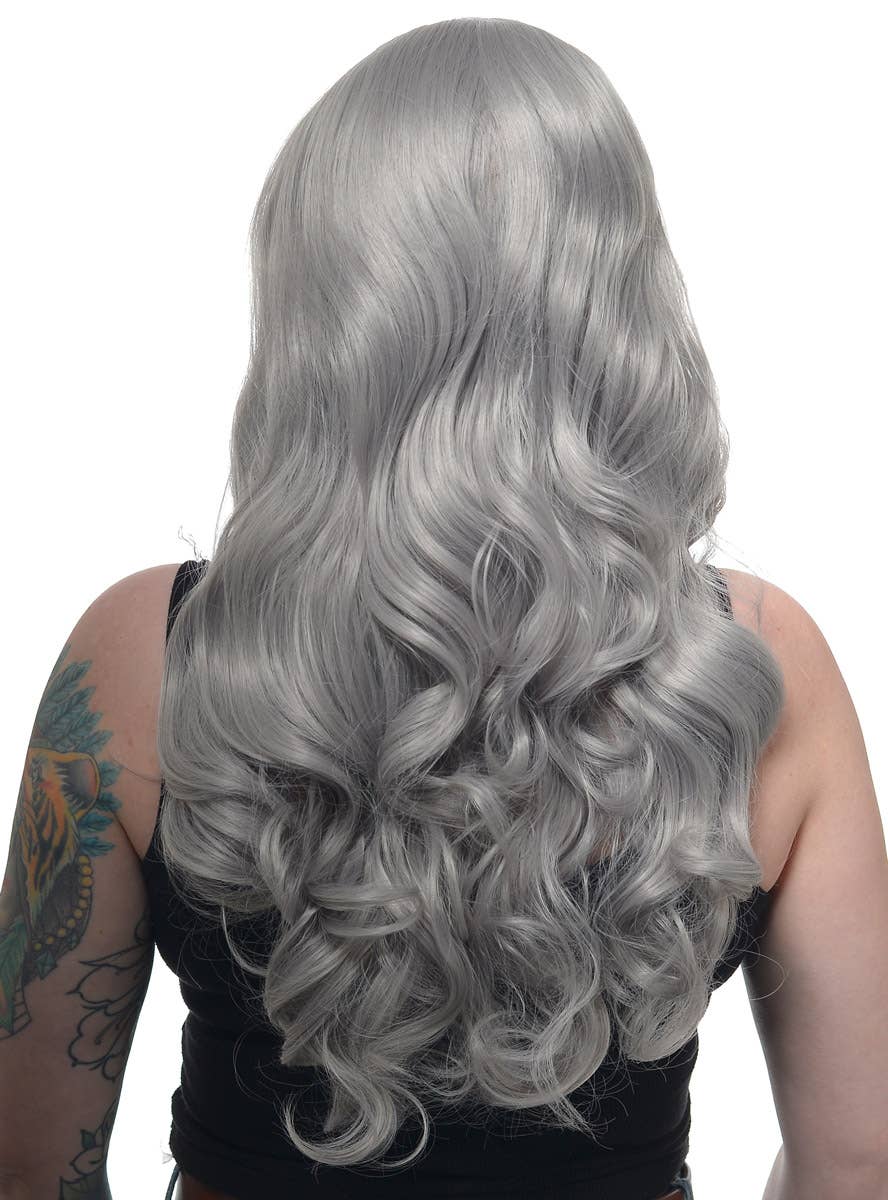 Womens Silver Grey Mid-Length Curly Synthetic Fashion Wig with Lace Front - Back Image