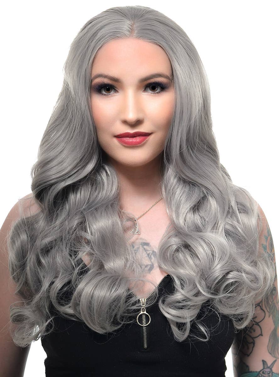 Womens Silver Grey Mid-Length Curly Synthetic Fashion Wig with Lace Front - Front Image