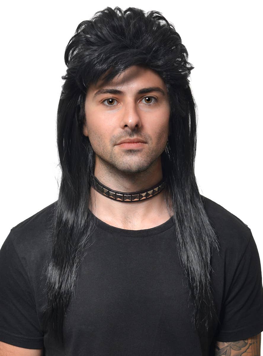 Mens Black Long Mullet Wig