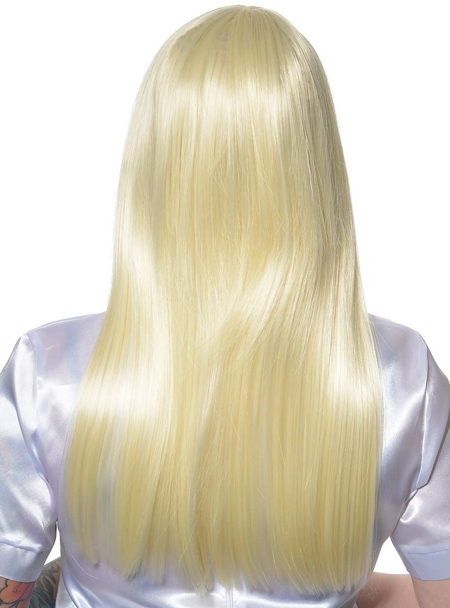 Long Straight Blonde Heat Resistant ABBA Wig with Skin Top and Fringe - Back View