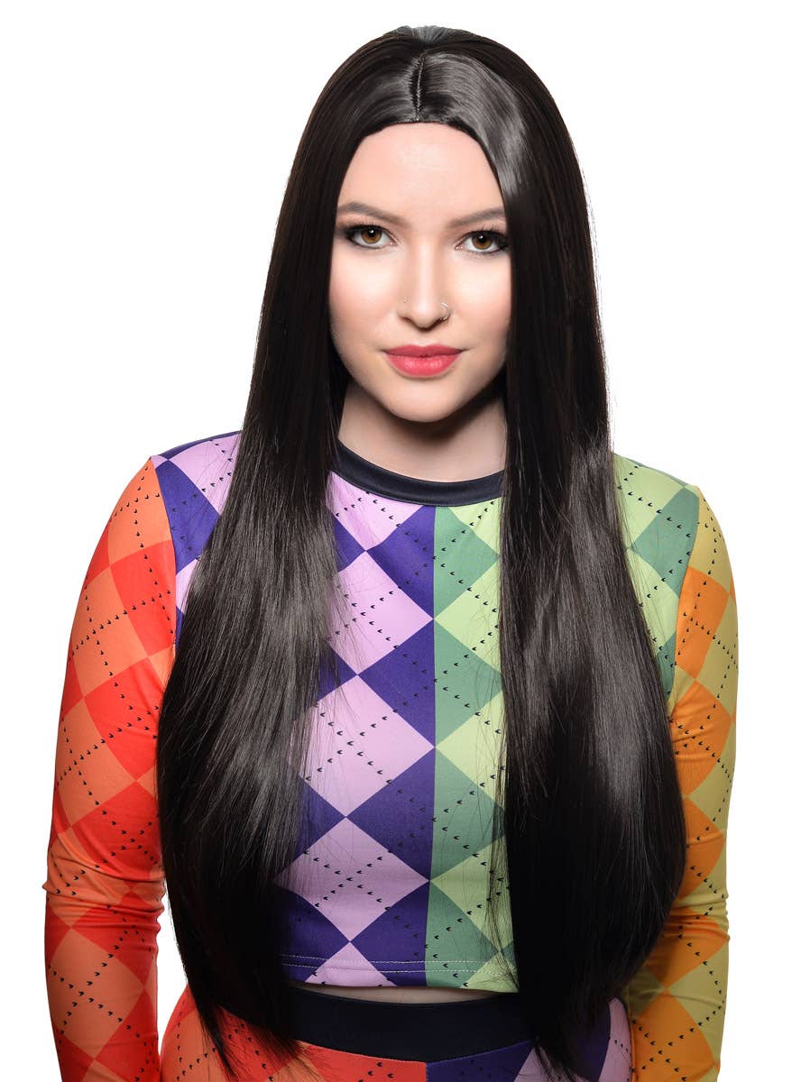 Image of Morticia Addams Long Straight Near Black Women's Costume Wig - Alternate Front Image