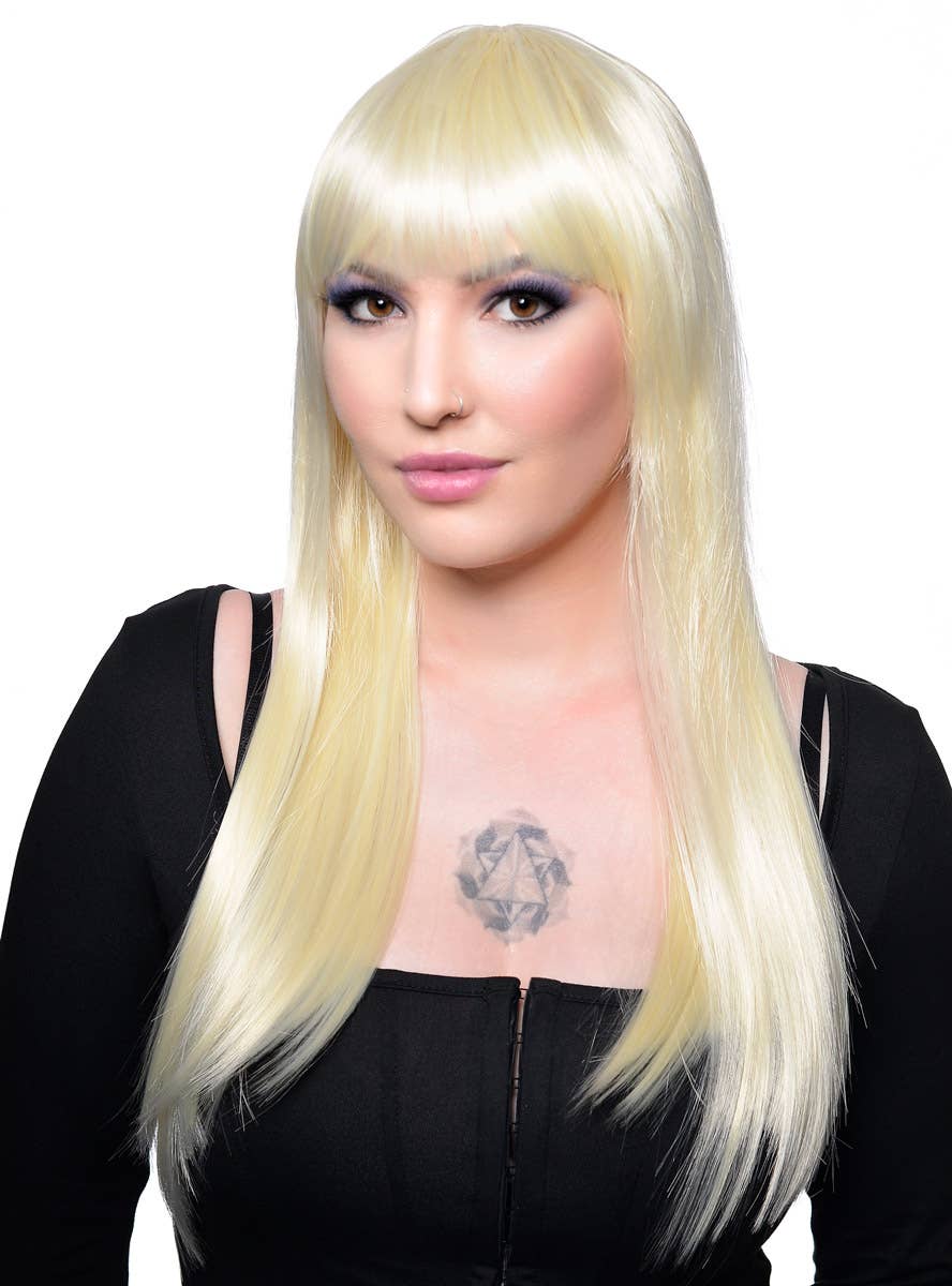 Long Straight Blonde Heat Resistant Fashion Wig with Skin Top and Fringe - Alternate Front View