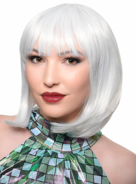 Women's Short White Bob Costume Wig with Fringe - Main View