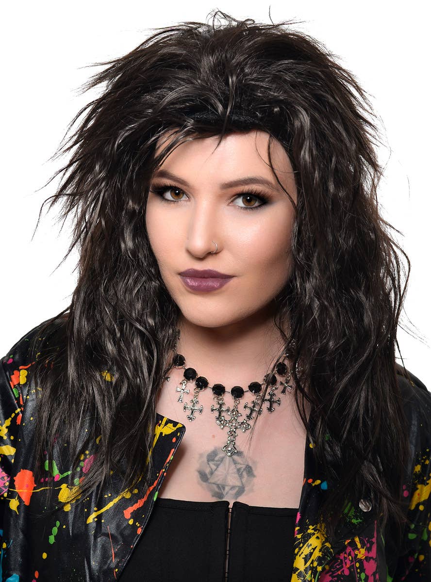 Natural Black Mid-Length 80's Rockstar Costume Wig for Adults - Front View
