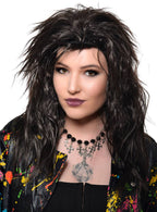 Natural Black Mid-Length 80's Rockstar Costume Wig for Adults - Front View