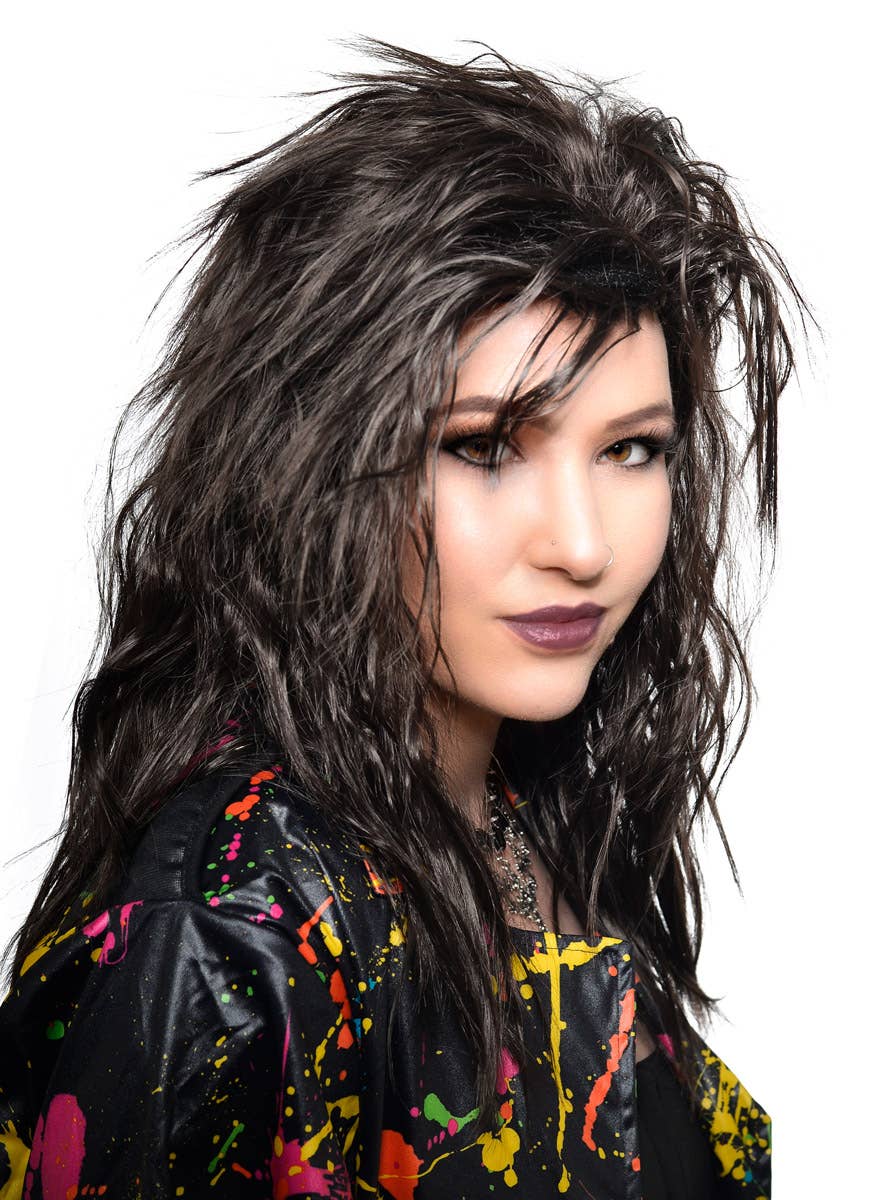 Natural Black Mid-Length 80's Rockstar Costume Wig for Adults - Side View