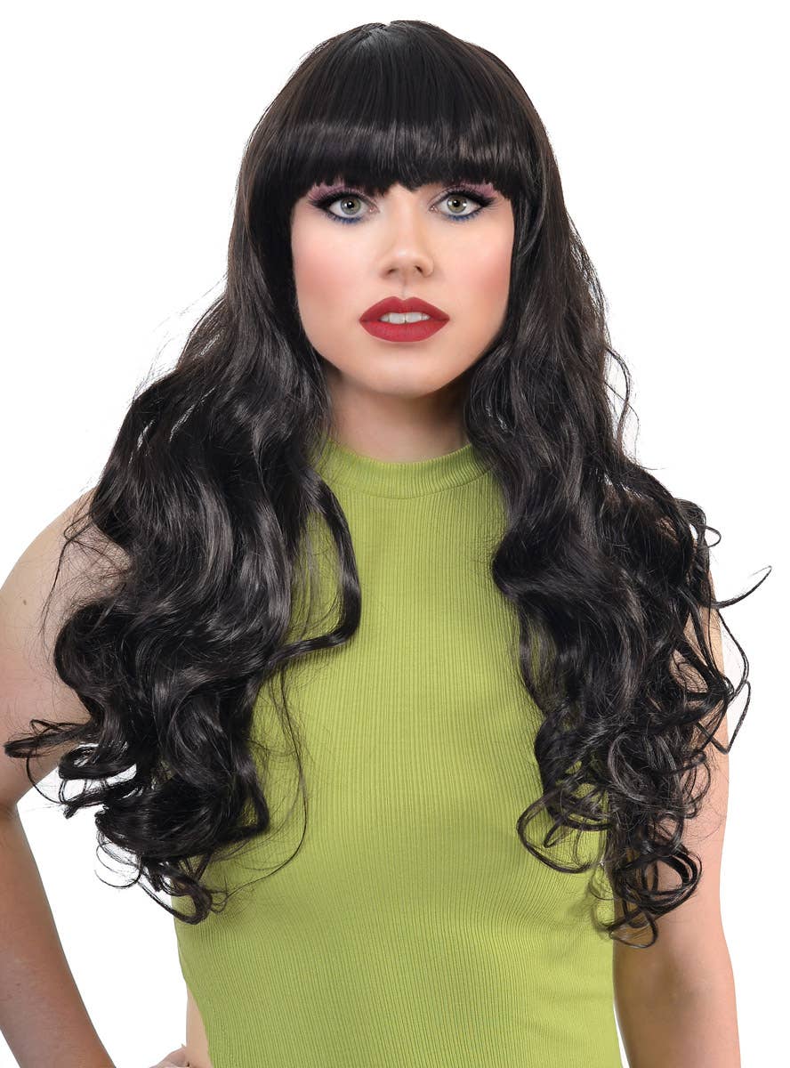 Long Curly Brown Fashion Wig with Skin Top and Fringe - Alt Front View