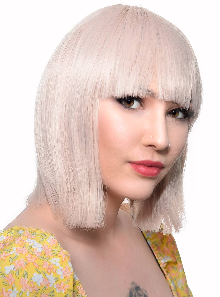 Short Champagne Blonde Heat Resistant Bob Women's Costume Wig with Fringe - Side View