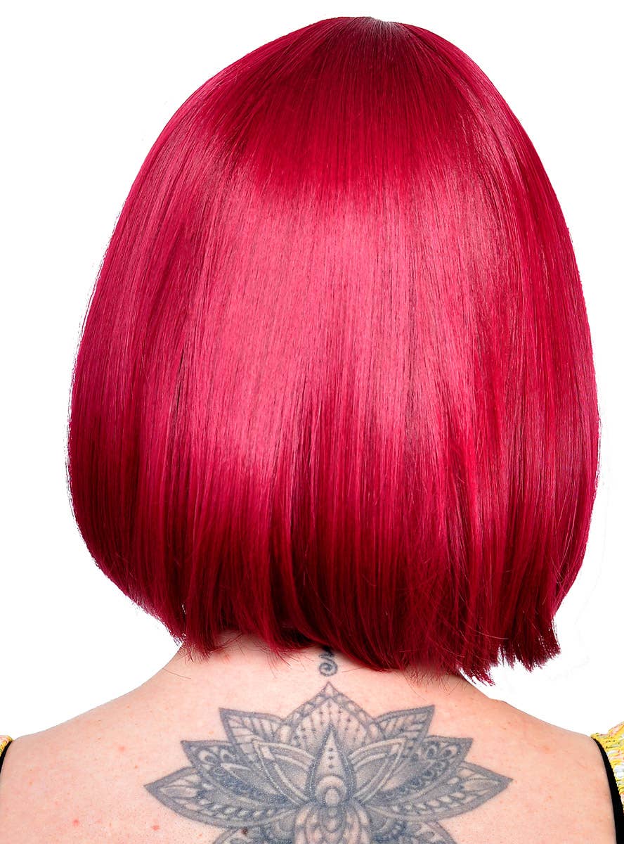 Short Cherry Red Heat Resistant Bob Women's Costume Wig with Fringe - Back View