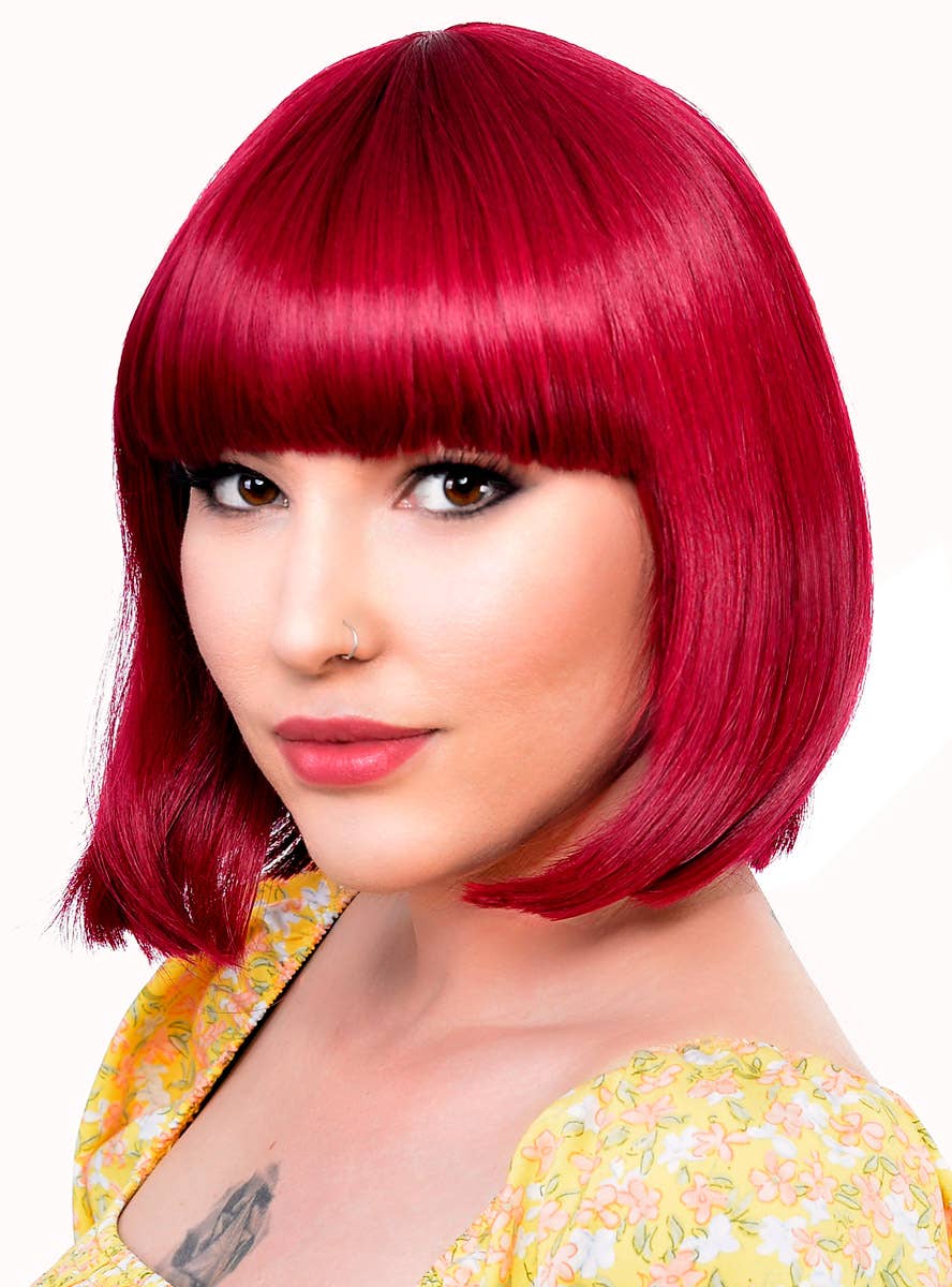 Short Cherry Red Heat Resistant Bob Women's Costume Wig with Fringe - Side View