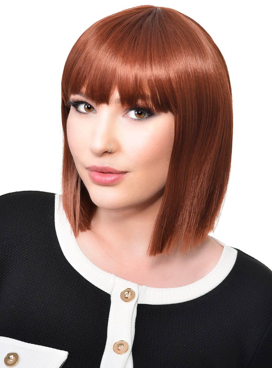 Short Chocolate Brown Heat Resistant Bob Women's Costume Wig with Fringe - Straightened Front View