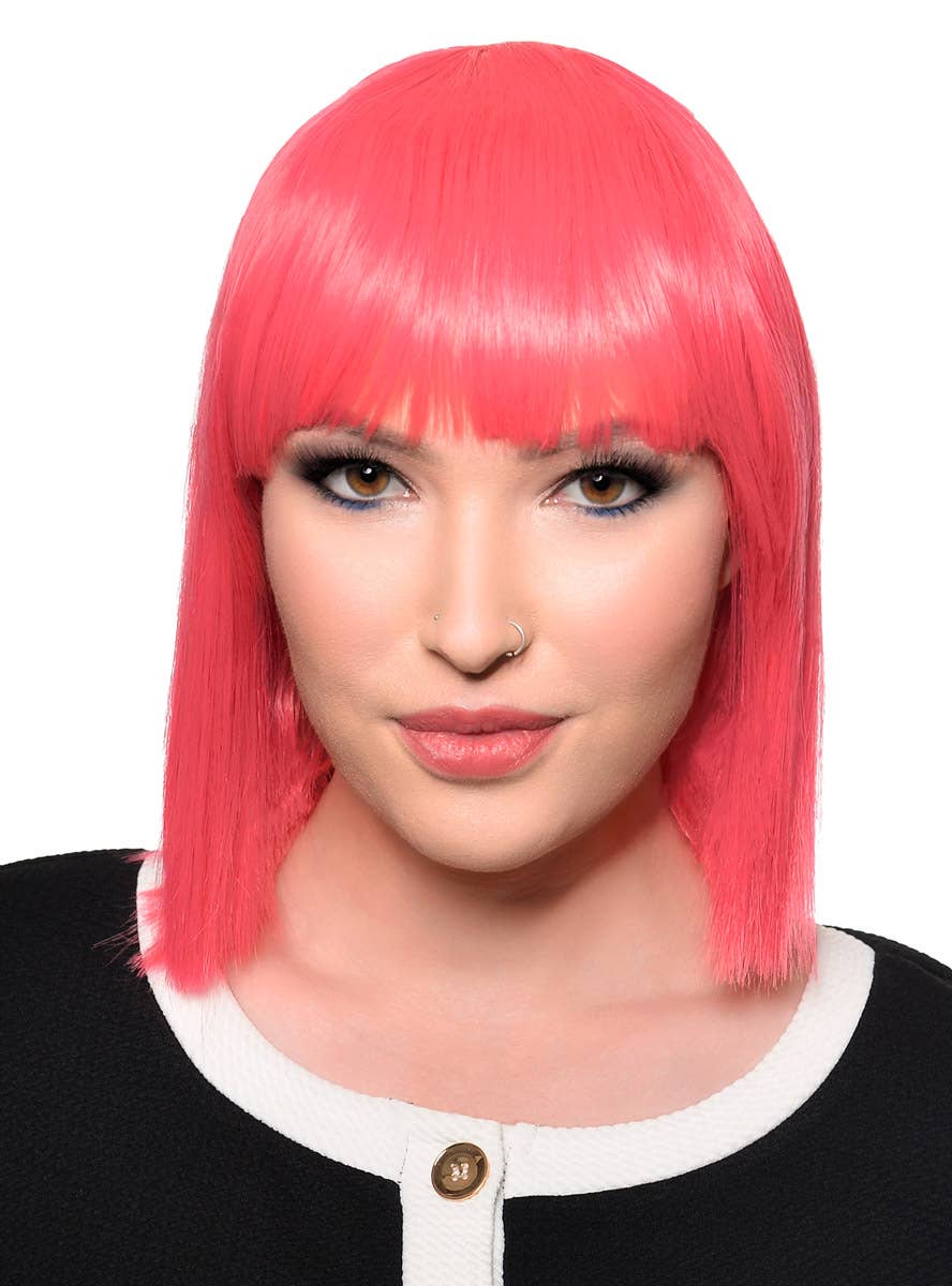 Short Strawberry Pink Heat Resistant Bob Women's Costume Wig with Fringe - Alt Front View