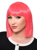 Short Strawberry Pink Heat Resistant Bob Women's Costume Wig with Fringe - Front View