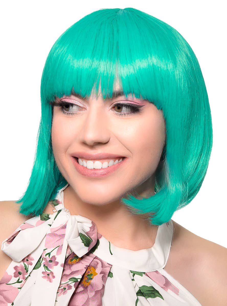 Short Teal Green Heat Resistant Bob Women's Costume Wig with Fringe - Front View