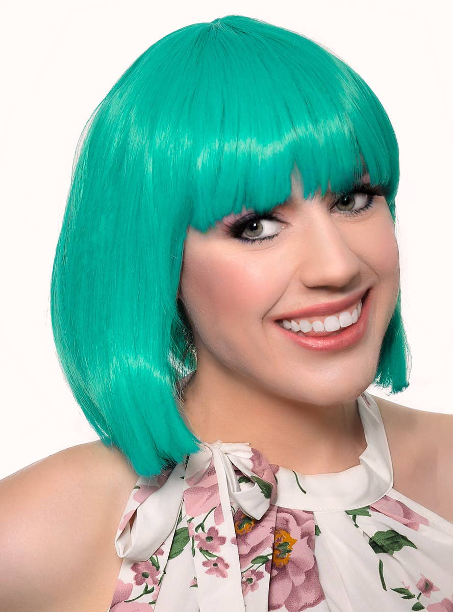 Short Teal Green Heat Resistant Bob Women's Costume Wig with Fringe - Alt Front View