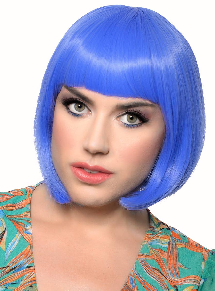 Short Cobalt Blue Heat Resistant Bob Women's Costume Wig with Fringe - Alt Front View