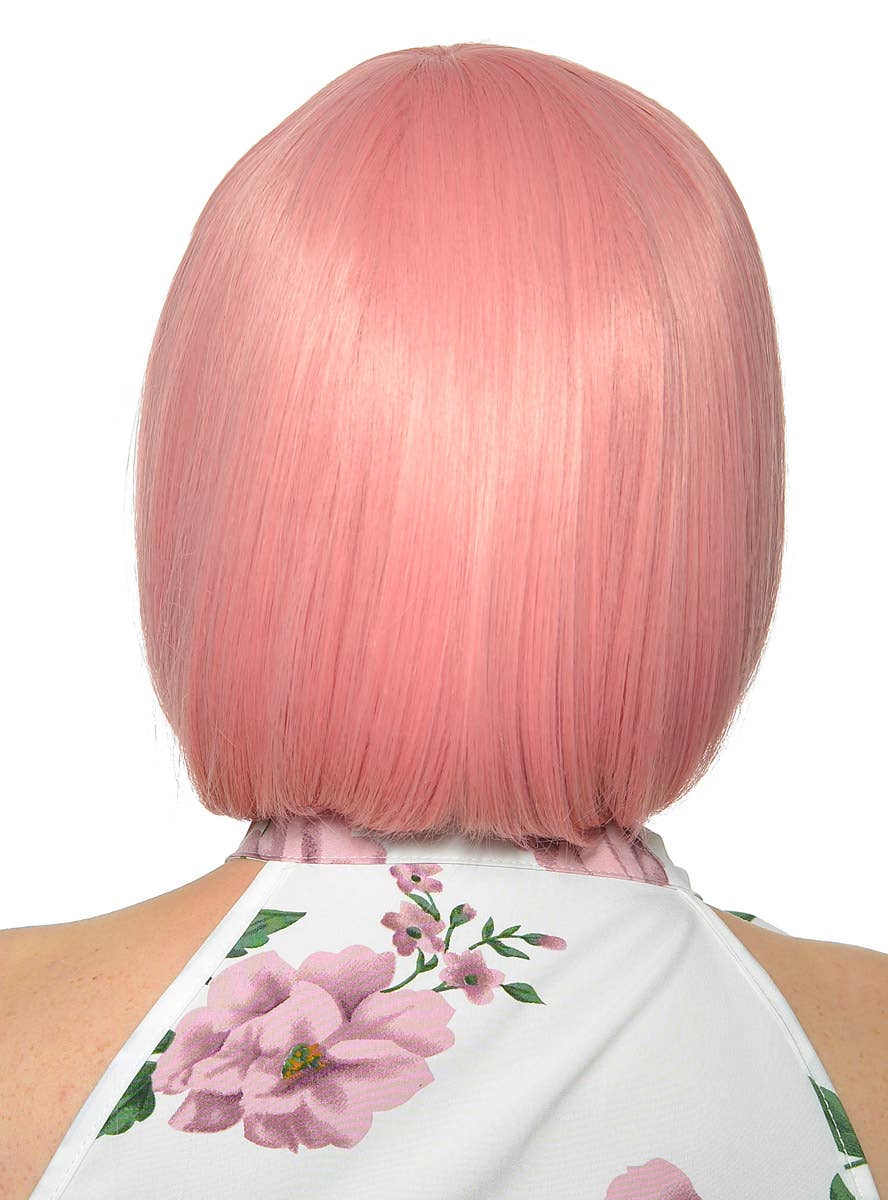 Short Dusty Pink Heat Resistant Bob Women's Costume Wig with Fringe - Back View
